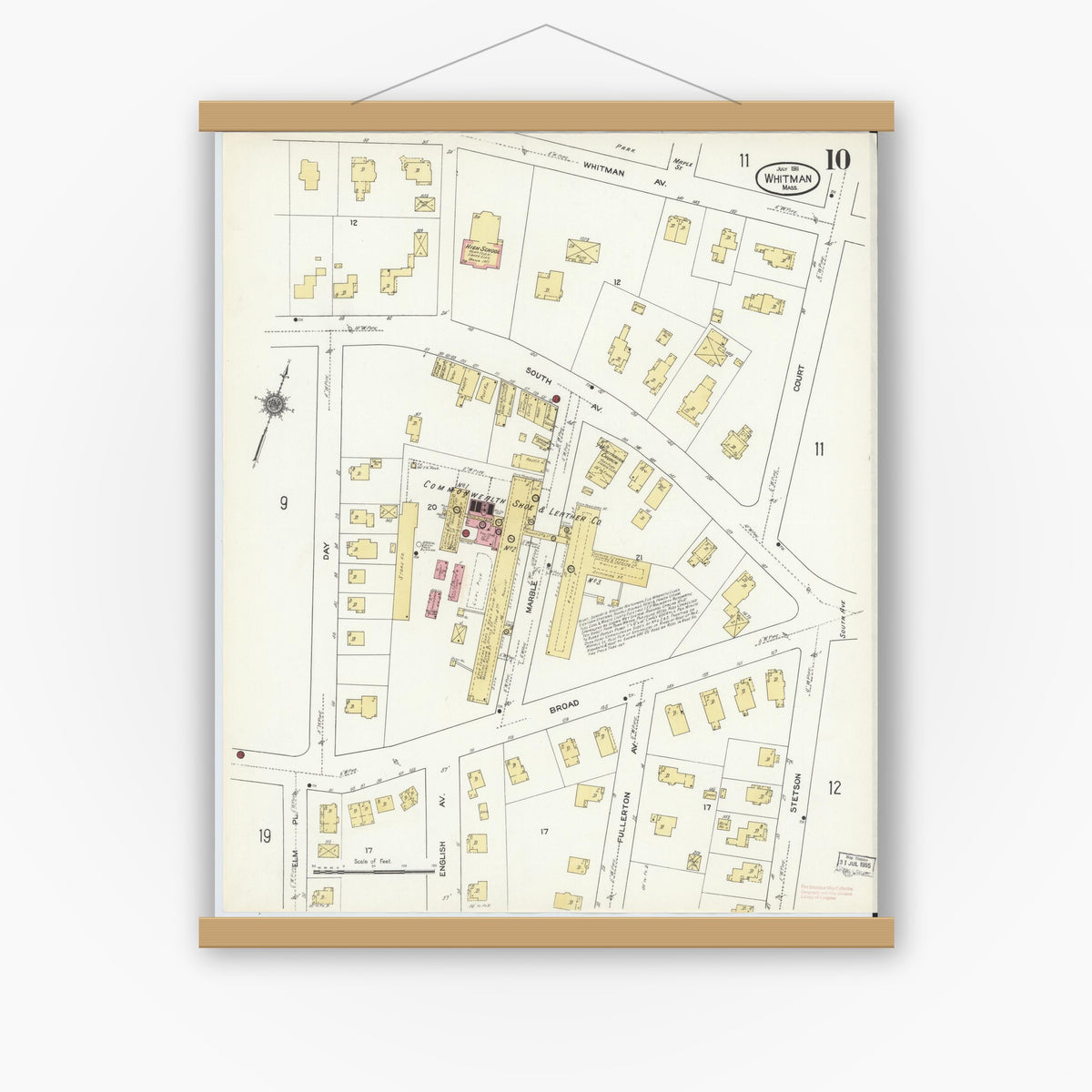 Old map wall art mockup — magnetic wood frame on white wall — Sanborn Fire Insurance Map from Whitman, Plymouth County, Massachusetts (1911), Sheet #0010