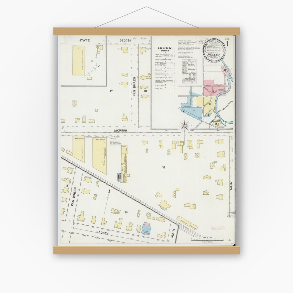 Old map wall art mockup — magnetic wood frame on white wall — Sanborn Fire Insurance Map from Holley, Orleans County, New York (1892) - Complete Map Set