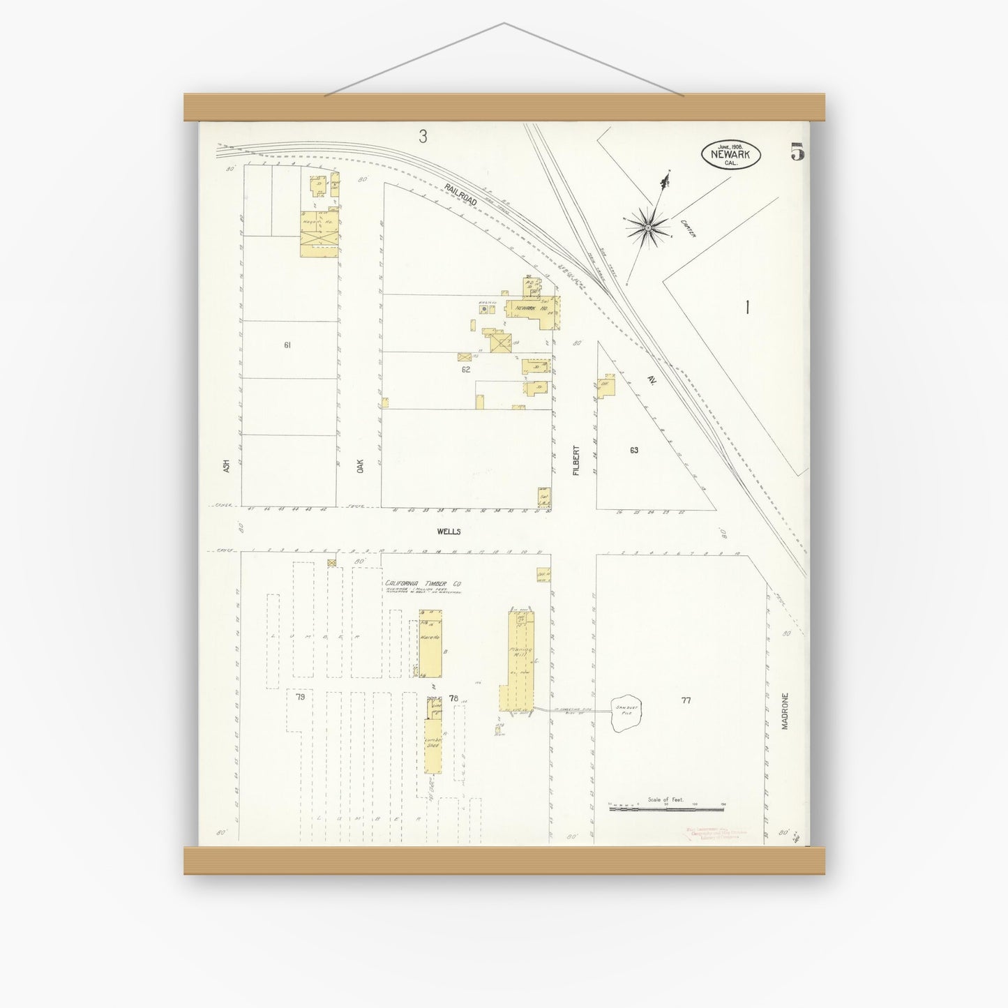 Old map wall art mockup — magnetic wood frame on white wall — Sanborn Fire Insurance Map from Newark, Alameda County, California (1908), Sheet #0005