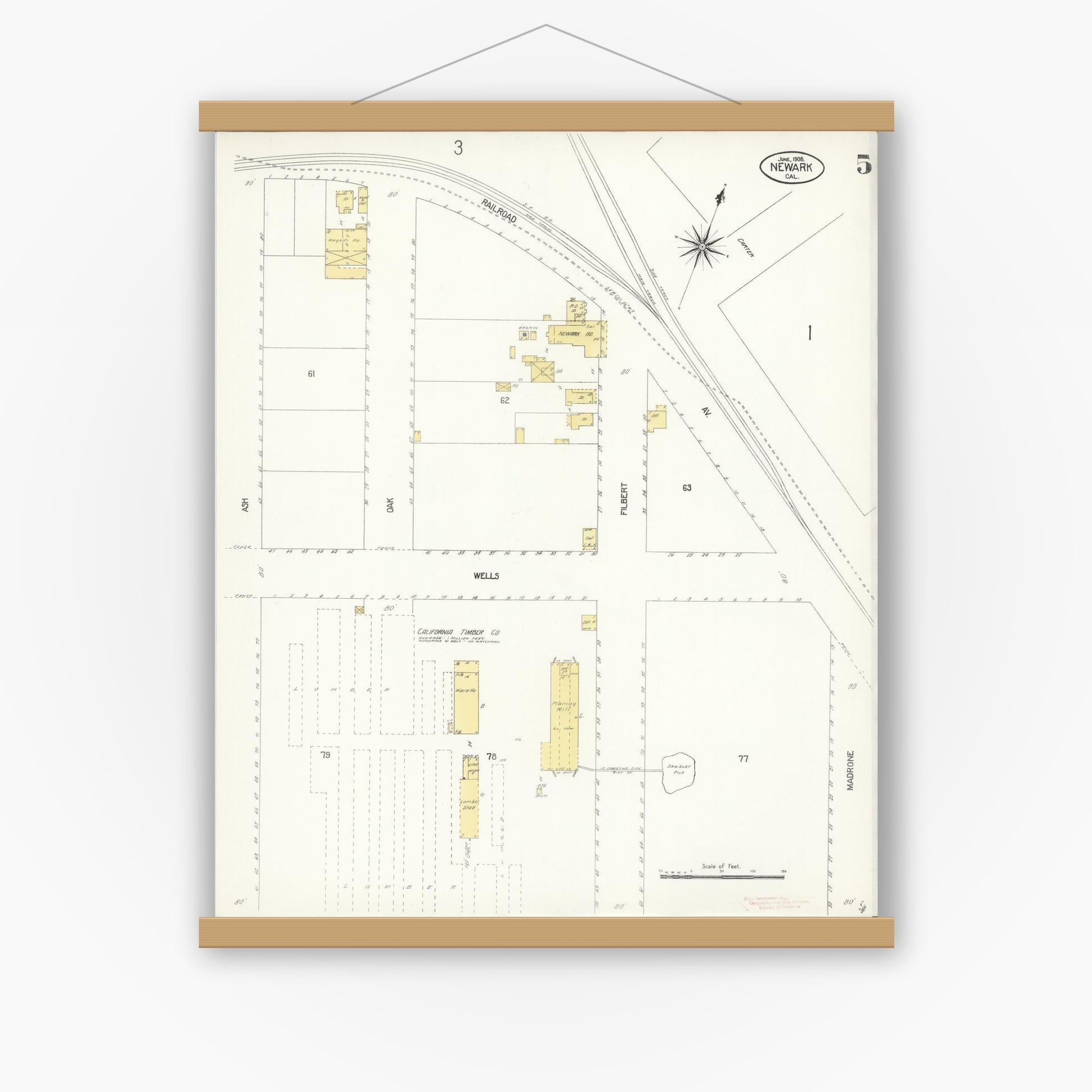 Old map wall art mockup — magnetic wood frame on white wall — Sanborn Fire Insurance Map from Newark, Alameda County, California (1908), Sheet #0005