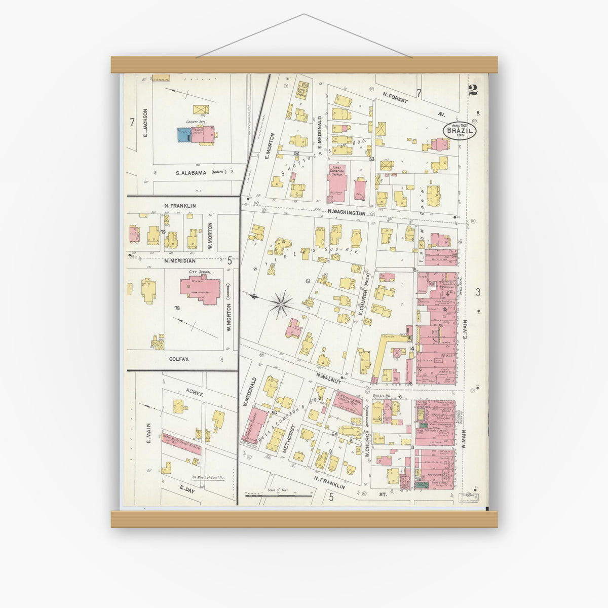 Old map wall art mockup — magnetic wood frame on white wall — Sanborn Fire Insurance Map from Brazil, Clay County, Indiana (1902), Sheet #0002