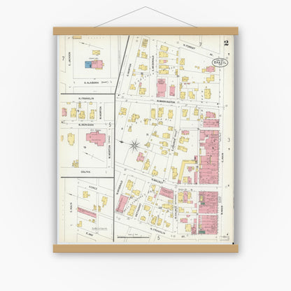 Old map wall art mockup — magnetic wood frame on white wall — Sanborn Fire Insurance Map from Brazil, Clay County, Indiana (1902), Sheet #0002