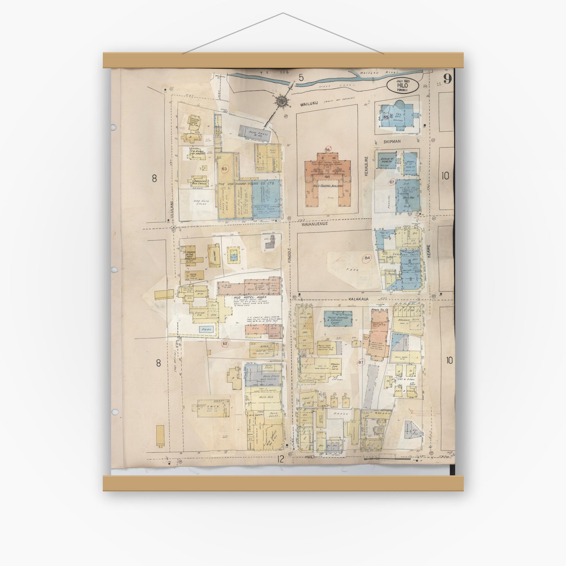 Old map wall art mockup — magnetic wood frame on white wall — Sanborn Fire Insurance Map from Hilo, Hawaii County, Hawaii (1957), Sheet #0009
