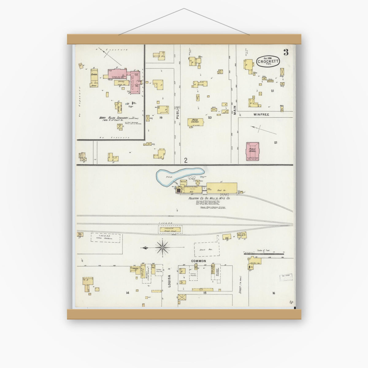 Old map wall art mockup — magnetic wood frame on white wall — Sanborn Fire Insurance Map from Crockett, Houston County, Texas (1896), Sheet #0003