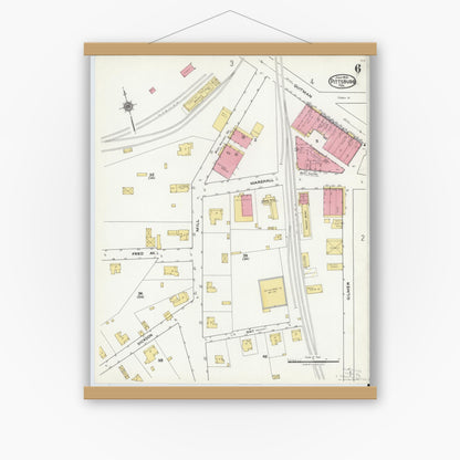 Old map wall art mockup — magnetic wood frame on white wall — Sanborn Fire Insurance Map from Pittsburg, Camp County, Texas (1921), Sheet #0006