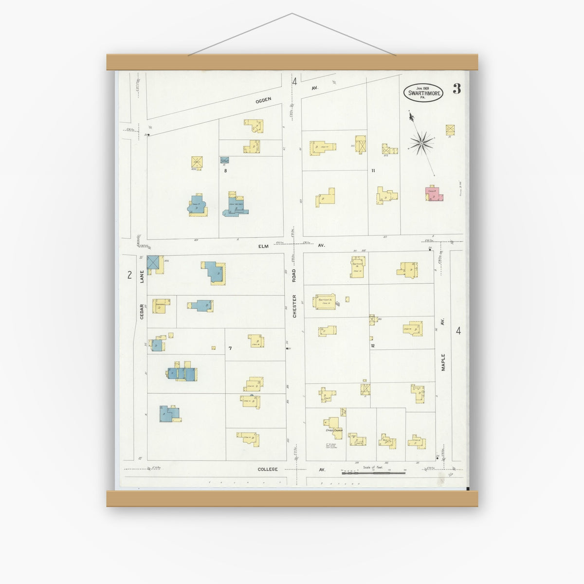Old map wall art mockup — magnetic wood frame on white wall — Sanborn Fire Insurance Map from Swarthmore, Delaware County, Pennsylvania (1909), Sheet #0003