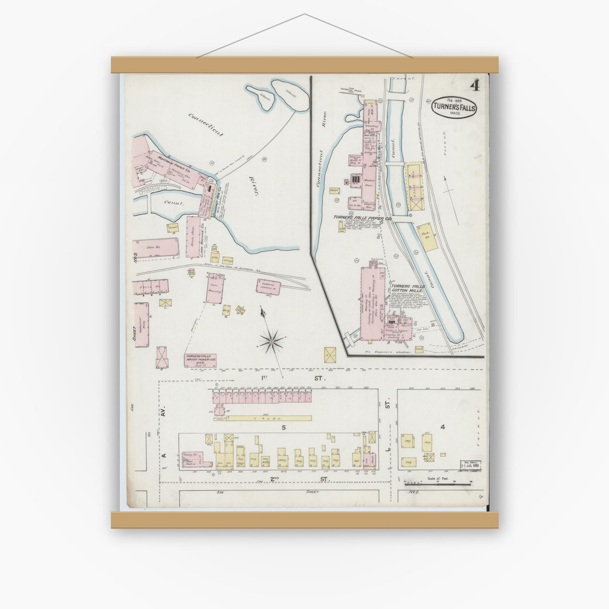 Old map wall art mockup — magnetic wood frame on white wall — Sanborn Fire Insurance Map from Turners Falls, Franklin County, Massachusetts (1889), Sheet #0004