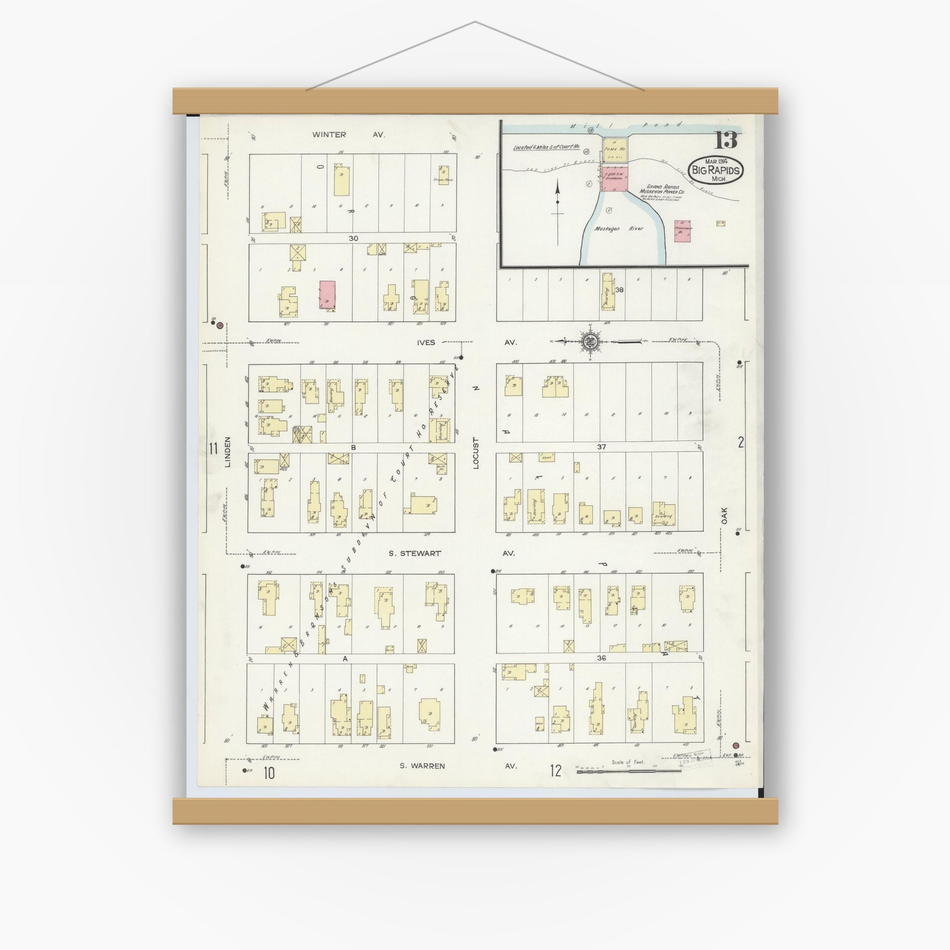 Old map wall art mockup — magnetic wood frame on white wall — Sanborn Fire Insurance Map from Big Rapids, Mecosta County, Michigan (1914), Sheet #0013