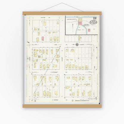 Old map wall art mockup — magnetic wood frame on white wall — Sanborn Fire Insurance Map from Big Rapids, Mecosta County, Michigan (1914), Sheet #0013