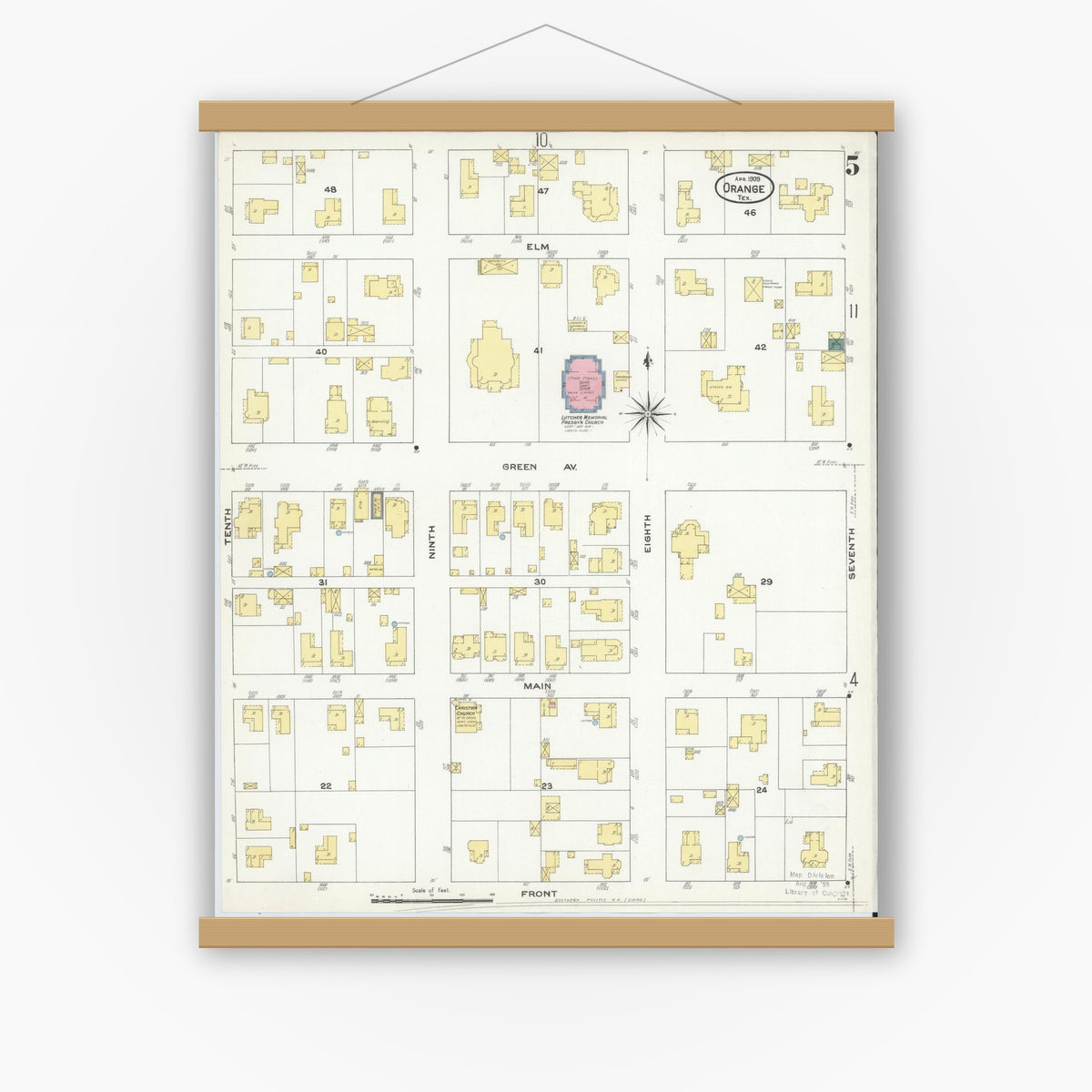 Old map wall art mockup — magnetic wood frame on white wall — Sanborn Fire Insurance Map from Orange, Orange County, Texas (1909), Sheet #0005