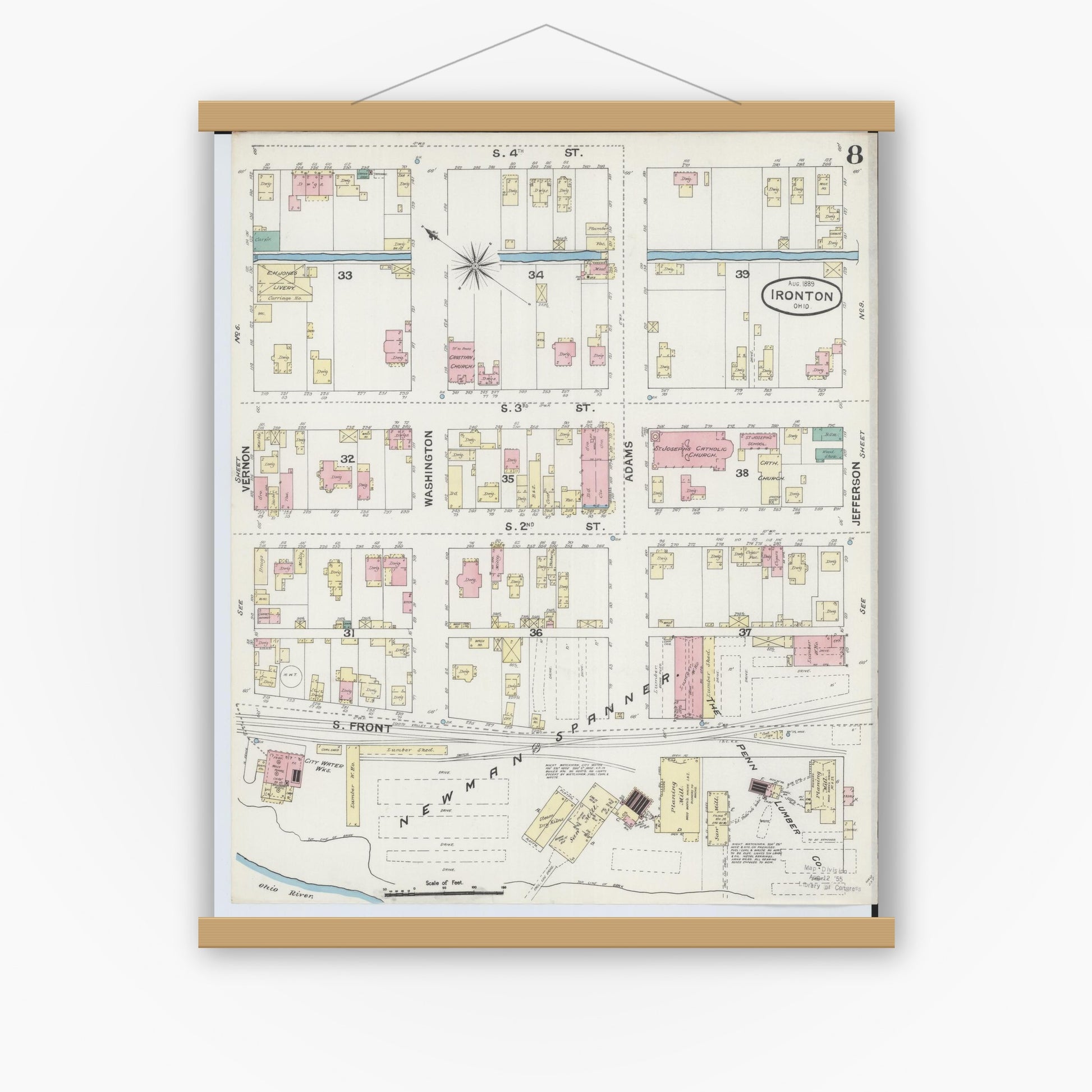Old map wall art mockup — magnetic wood frame on white wall — Sanborn Fire Insurance Map from Ironton, Lawrence County, Ohio (1889), Sheet #0008