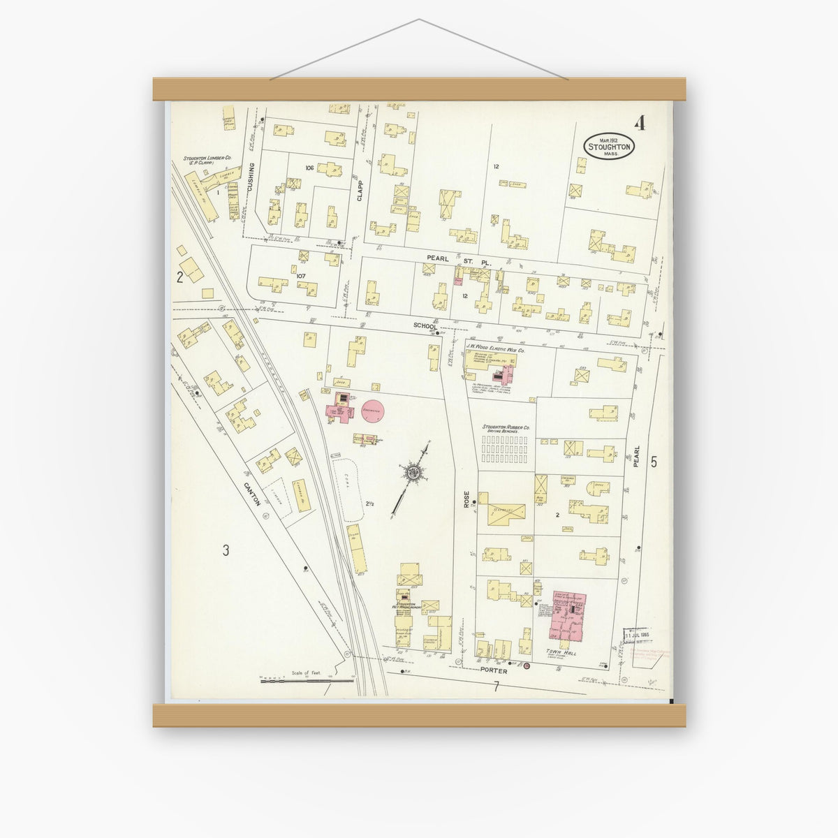Old map wall art mockup — magnetic wood frame on white wall — Sanborn Fire Insurance Map from Stoughton, Norfolk County, Massachusetts (1912), Sheet #0004