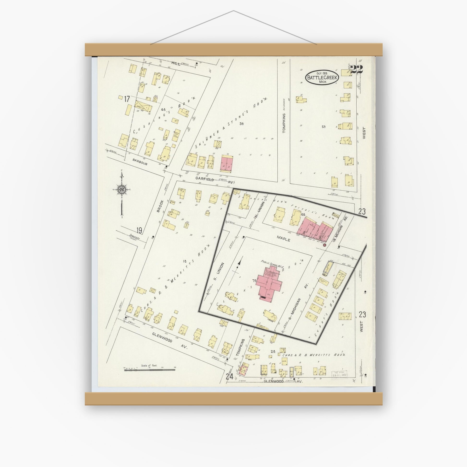 Old map wall art mockup — magnetic wood frame on white wall — Sanborn Fire Insurance Map from Battle Creek, Calhoun County, Michigan (1913), Sheet #0022