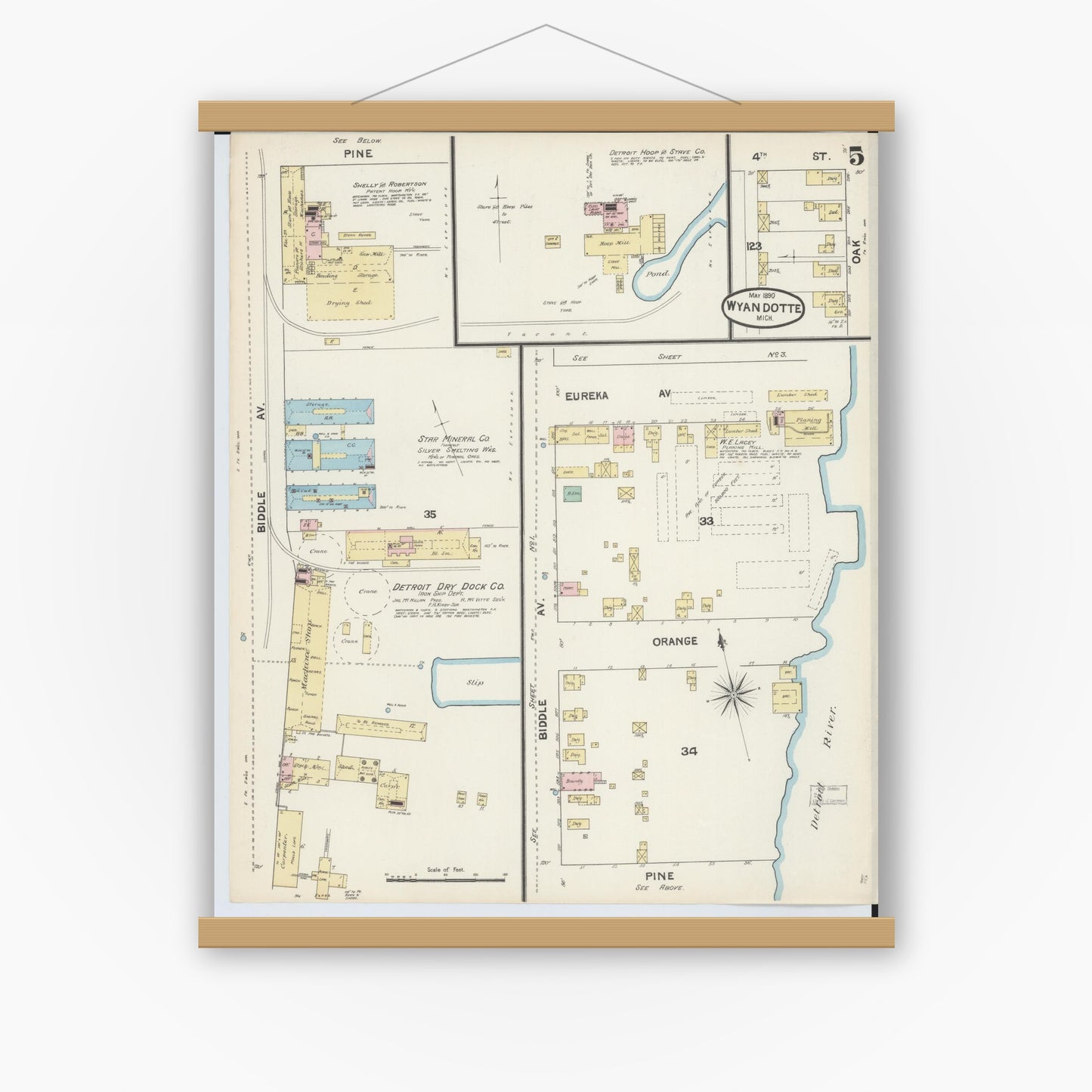 Old map wall art mockup — magnetic wood frame on white wall — Sanborn Fire Insurance Map from Wyandotte, Wayne County, Michigan (1890), Sheet #0005
