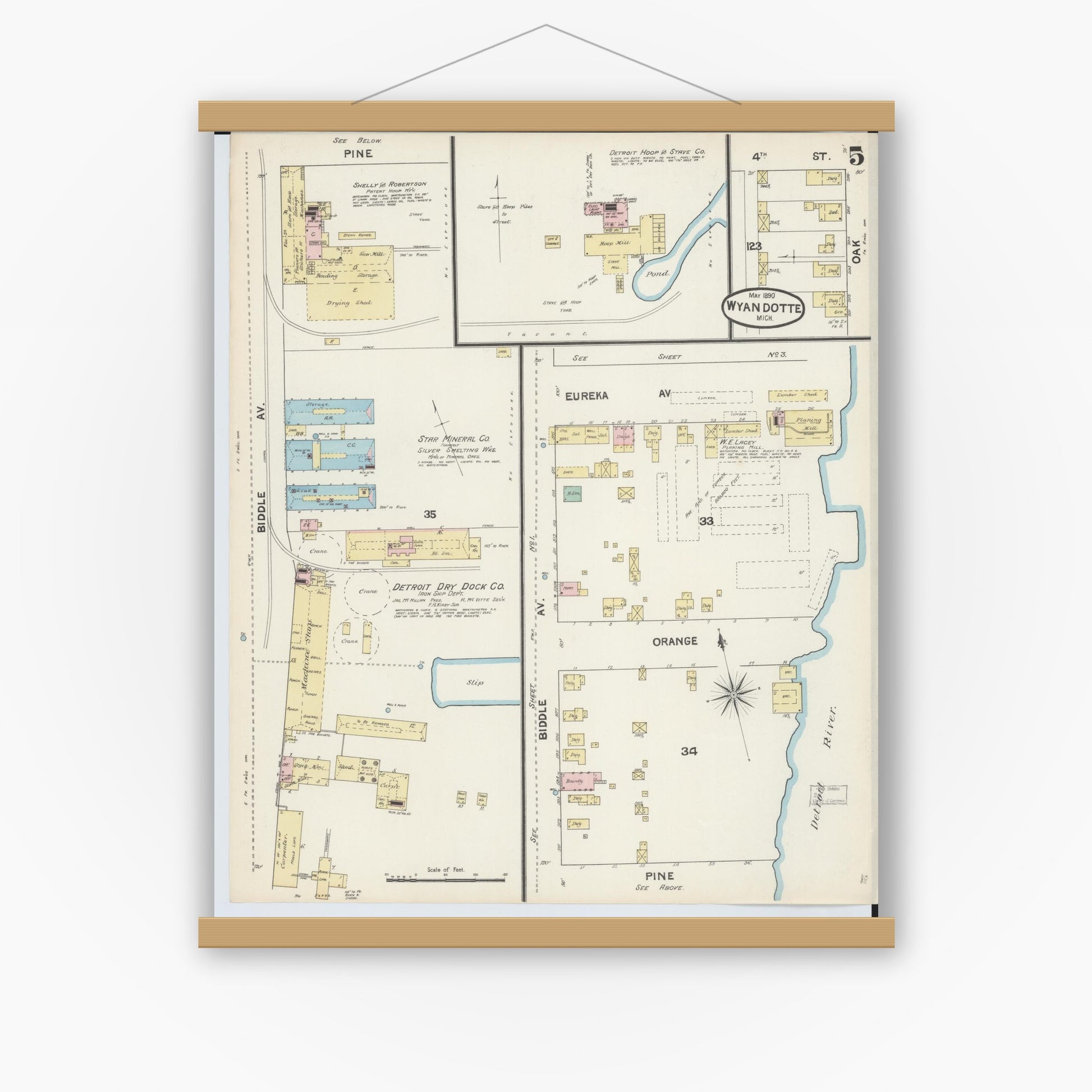 Old map wall art mockup — magnetic wood frame on white wall — Sanborn Fire Insurance Map from Wyandotte, Wayne County, Michigan (1890), Sheet #0005