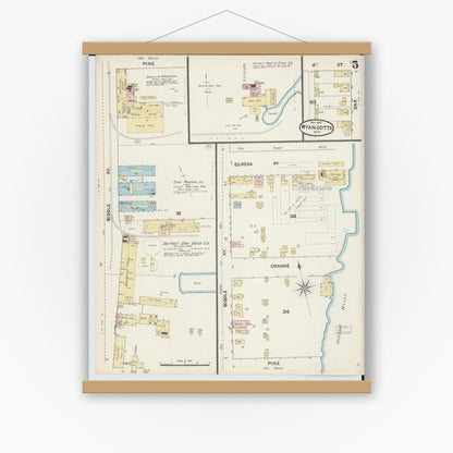 Old map wall art mockup — magnetic wood frame on white wall — Sanborn Fire Insurance Map from Wyandotte, Wayne County, Michigan (1890), Sheet #0005
