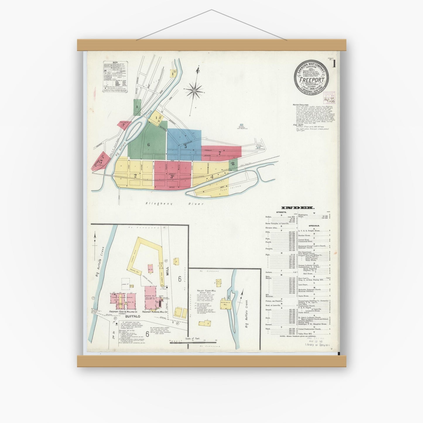 Old map wall art mockup — magnetic wood frame on white wall — Sanborn Fire Insurance Map from Freeport, Armstrong County, Pennsylvania (1908), Sheet #0001