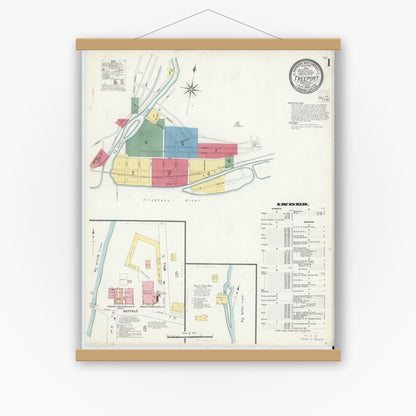 Old map wall art mockup — magnetic wood frame on white wall — Sanborn Fire Insurance Map from Freeport, Armstrong County, Pennsylvania (1908), Sheet #0001