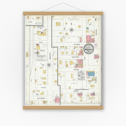 Old map wall art mockup — magnetic wood frame on white wall — Sanborn Fire Insurance Map from Marshfield, Webster County, Missouri (1905) - Complete Map Set