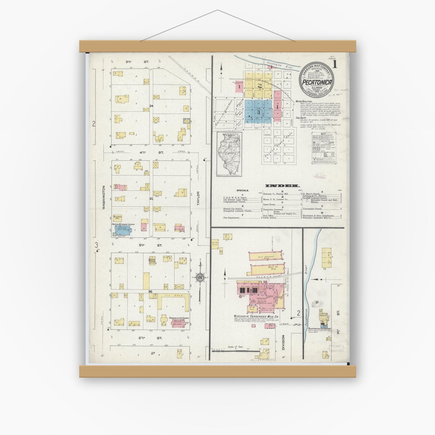 Old map wall art mockup — magnetic wood frame on white wall — Sanborn Fire Insurance Map from Pecatonica, Winnebago County, Illinois (1912), Sheet #0001