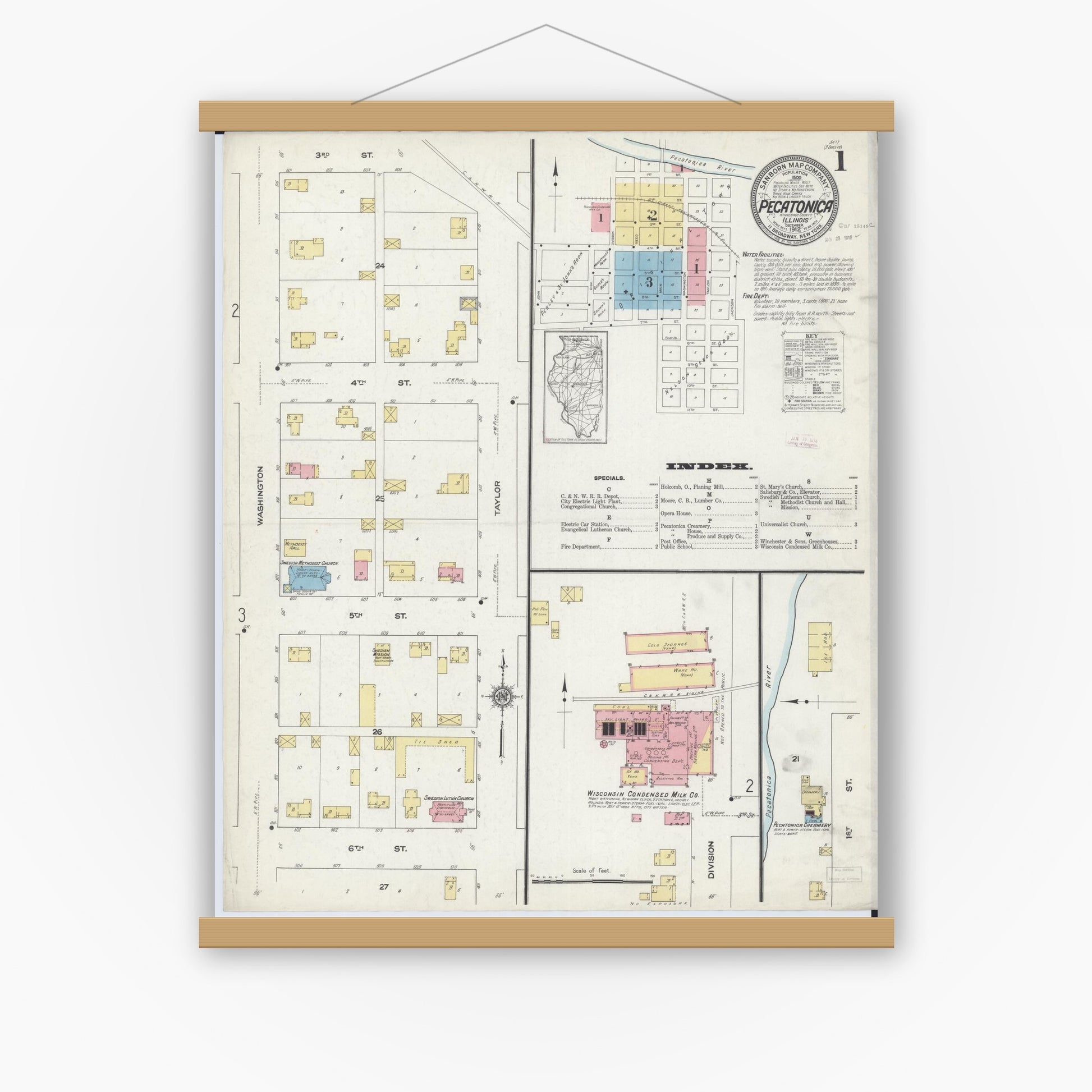 Old map wall art mockup — magnetic wood frame on white wall — Sanborn Fire Insurance Map from Pecatonica, Winnebago County, Illinois (1912), Sheet #0001
