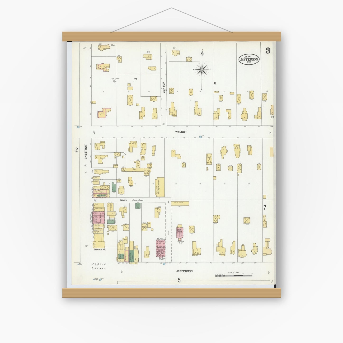 Old map wall art mockup — magnetic wood frame on white wall — Sanborn Fire Insurance Map from Jefferson, Ashtabula County, Ohio (1902), Sheet #0003
