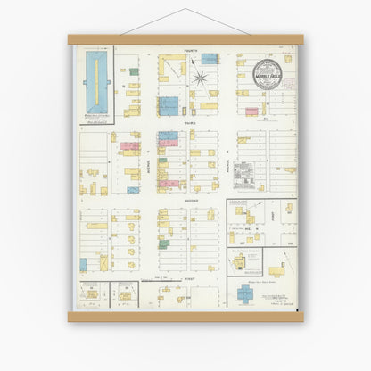 Old map wall art mockup — magnetic wood frame on white wall — Sanborn Fire Insurance Map from Marble Falls, Burnet County, Texas (1905), Sheet #0001