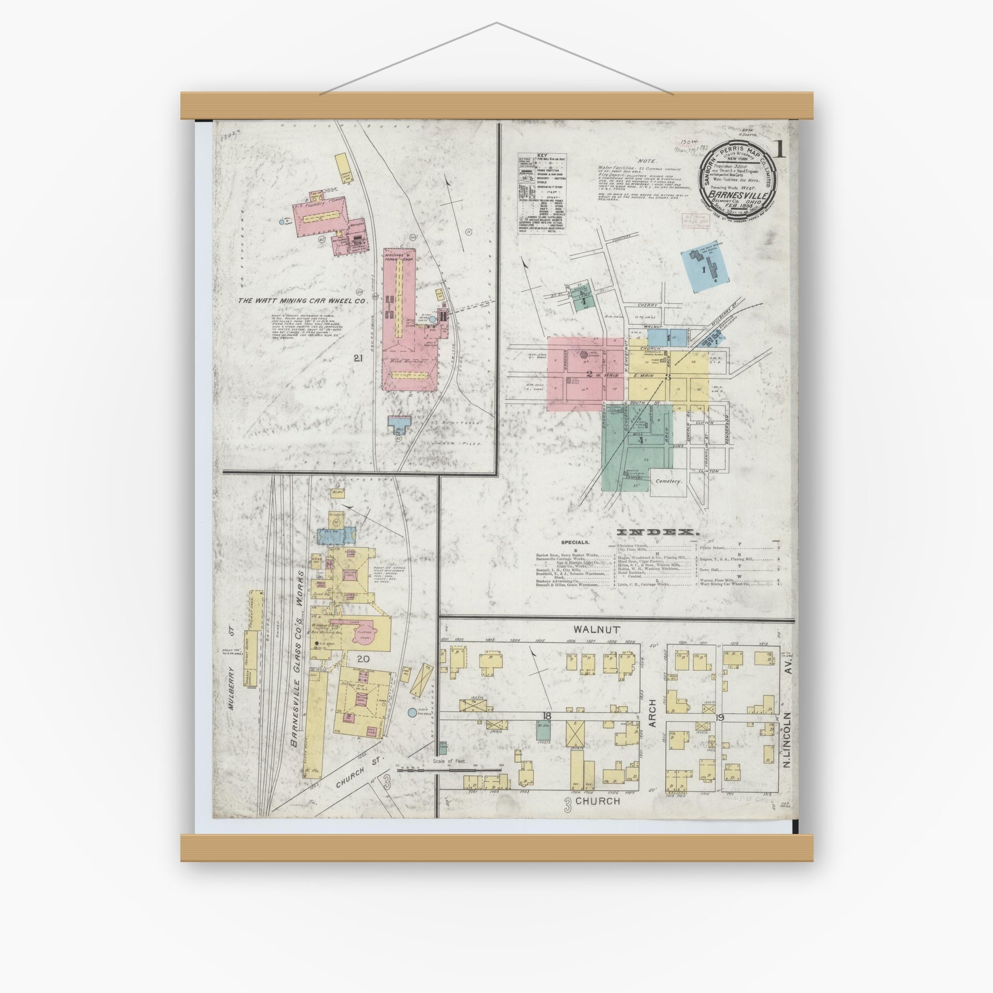 Old map wall art mockup — magnetic wood frame on white wall — Sanborn Fire Insurance Map from Barnesville, Belmont County, Ohio (1893), Sheet #0001