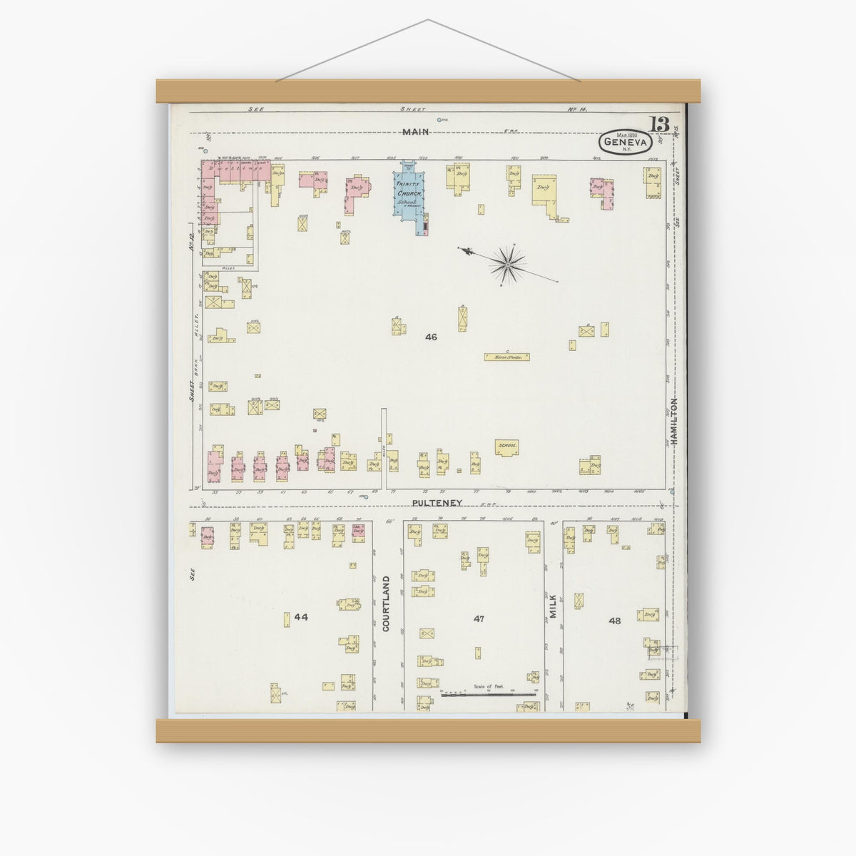 Old map wall art mockup — magnetic wood frame on white wall — Sanborn Fire Insurance Map from Geneva, Ontario County, New York (1890), Sheet #0013