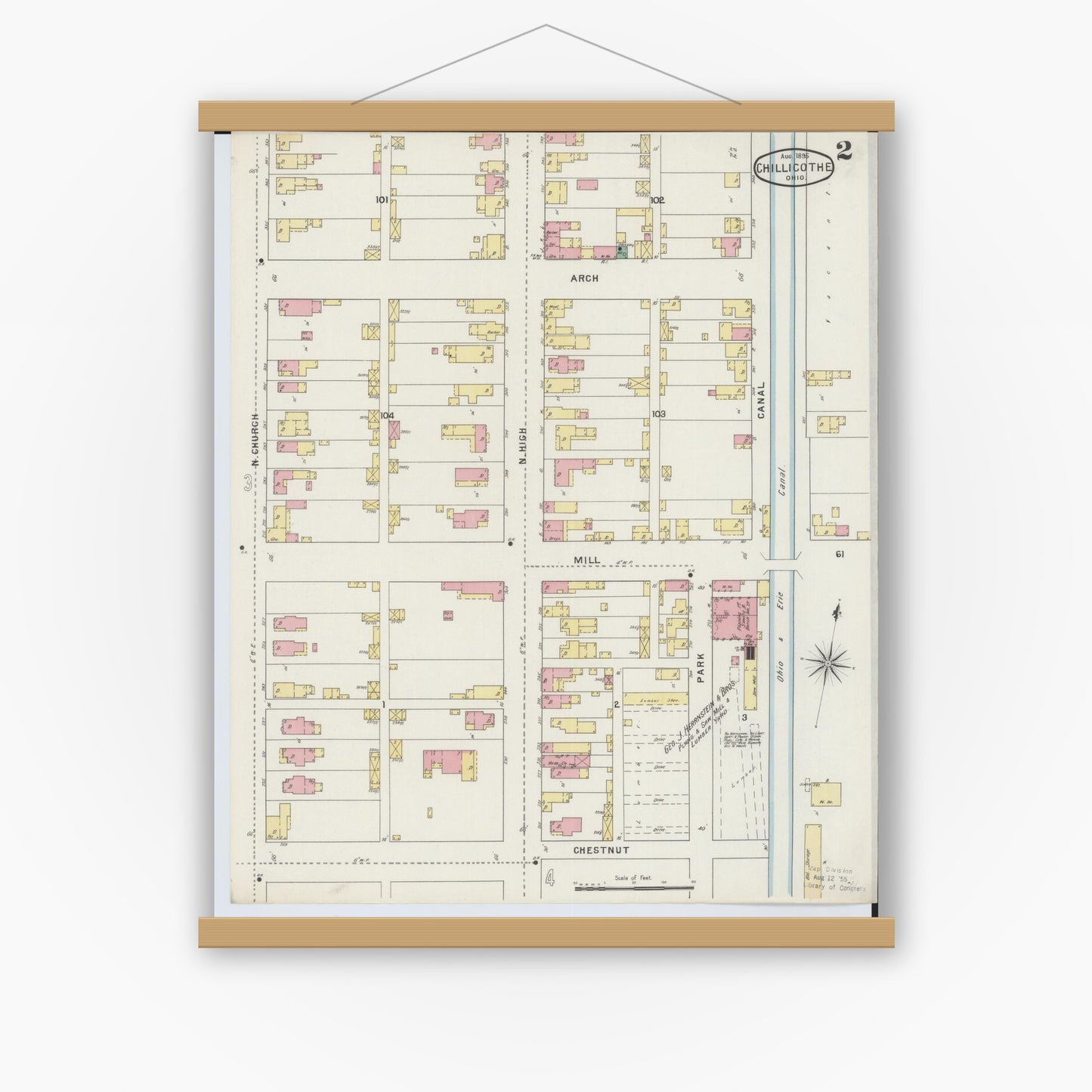 Old map wall art mockup — magnetic wood frame on white wall — Sanborn Fire Insurance Map from Chillicothe, Ross County, Ohio (1895), Sheet #0002