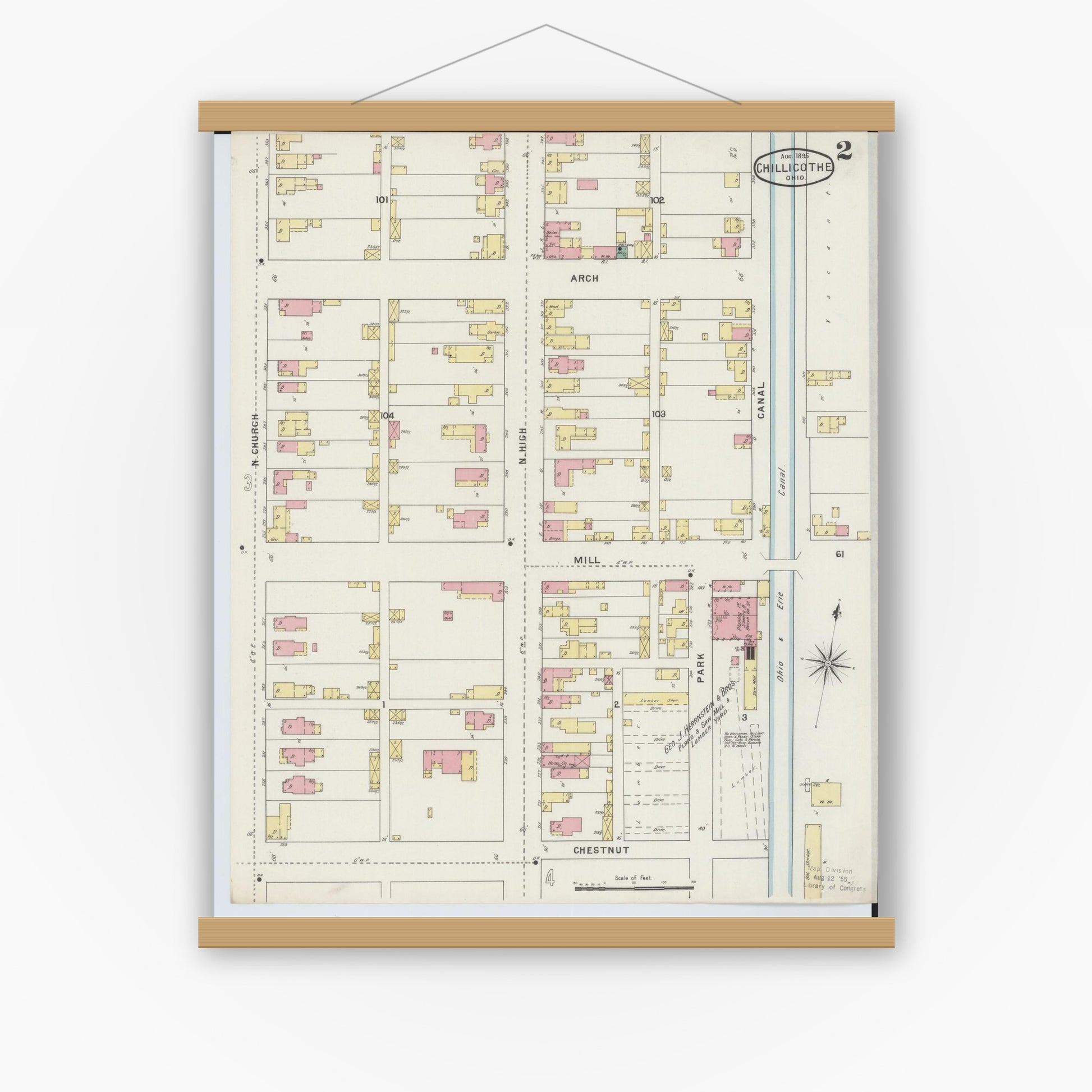 Old map wall art mockup — magnetic wood frame on white wall — Sanborn Fire Insurance Map from Chillicothe, Ross County, Ohio (1895), Sheet #0002