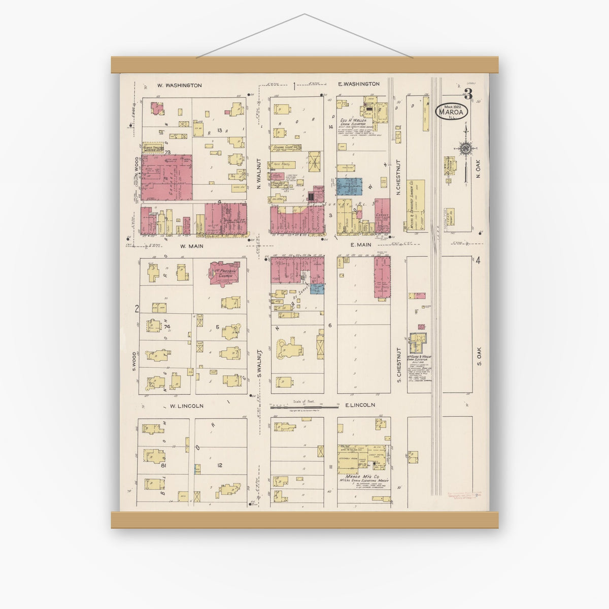 Old map wall art mockup — magnetic wood frame on white wall — Sanborn Fire Insurance Map from Maroa, Macon County, Illinois (1922), Sheet #0003