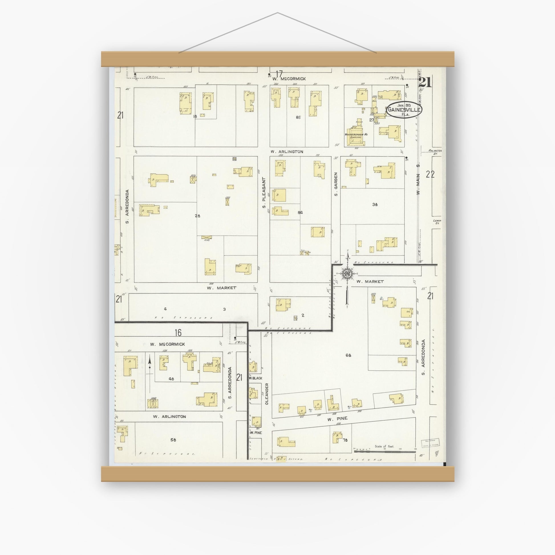 Old map wall art mockup — magnetic wood frame on white wall — Sanborn Fire Insurance Map from Gainesville, Alachua County, Florida (1913), Sheet #0021