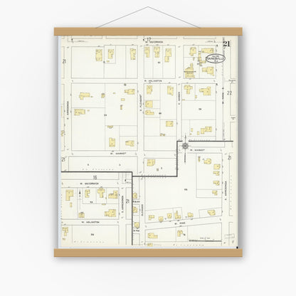 Old map wall art mockup — magnetic wood frame on white wall — Sanborn Fire Insurance Map from Gainesville, Alachua County, Florida (1913), Sheet #0021
