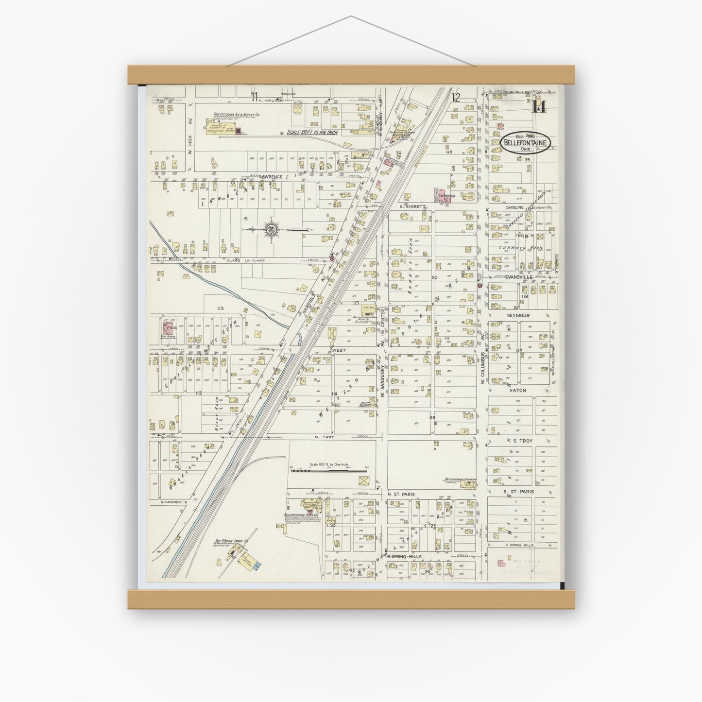 Old map wall art mockup — magnetic wood frame on white wall — Sanborn Fire Insurance Map from Bellefontaine, Logan County, Ohio (1914), Sheet #0014