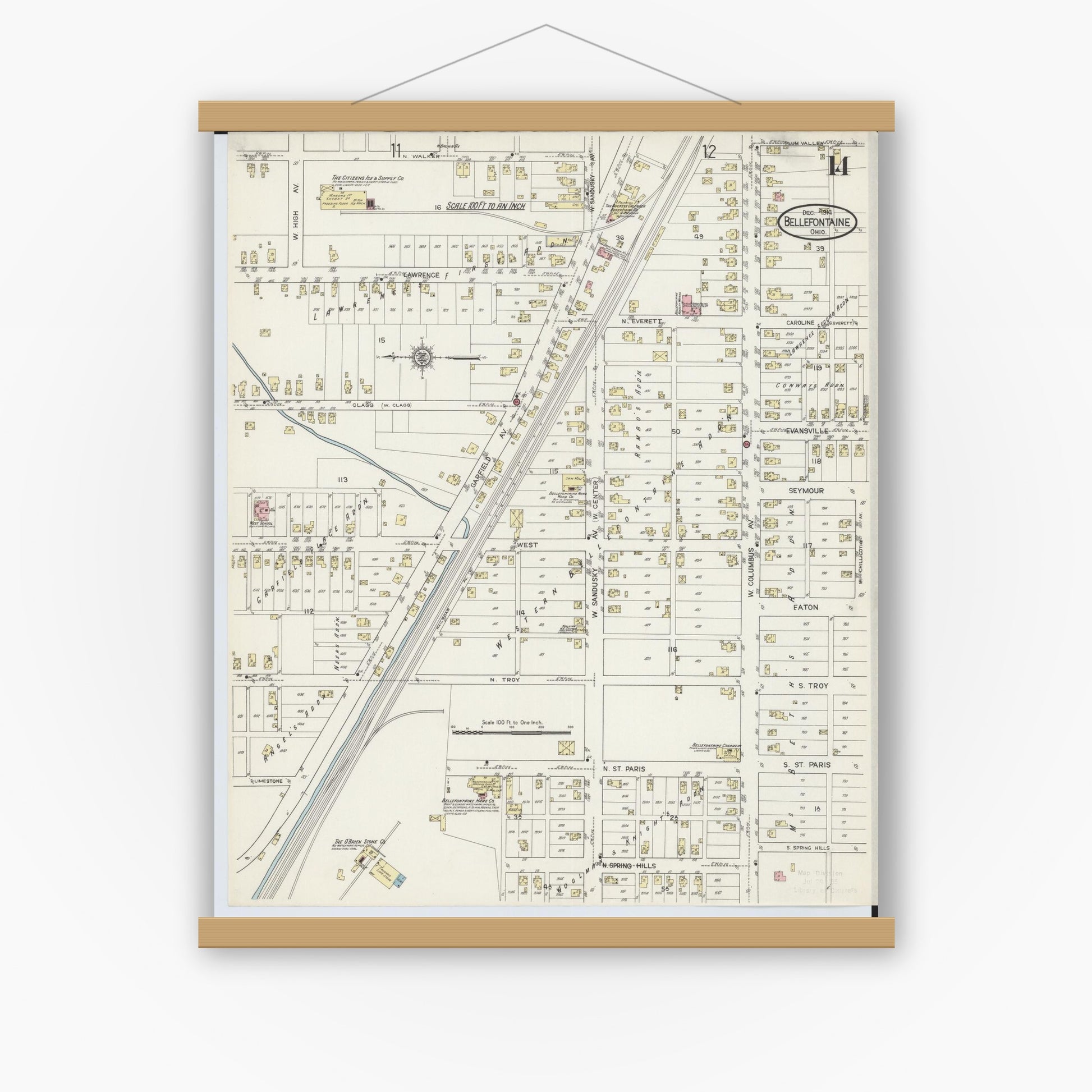 Old map wall art mockup — magnetic wood frame on white wall — Sanborn Fire Insurance Map from Bellefontaine, Logan County, Ohio (1914), Sheet #0014