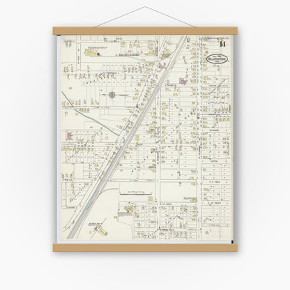 Old map wall art mockup — magnetic wood frame on white wall — Sanborn Fire Insurance Map from Bellefontaine, Logan County, Ohio (1914), Sheet #0014