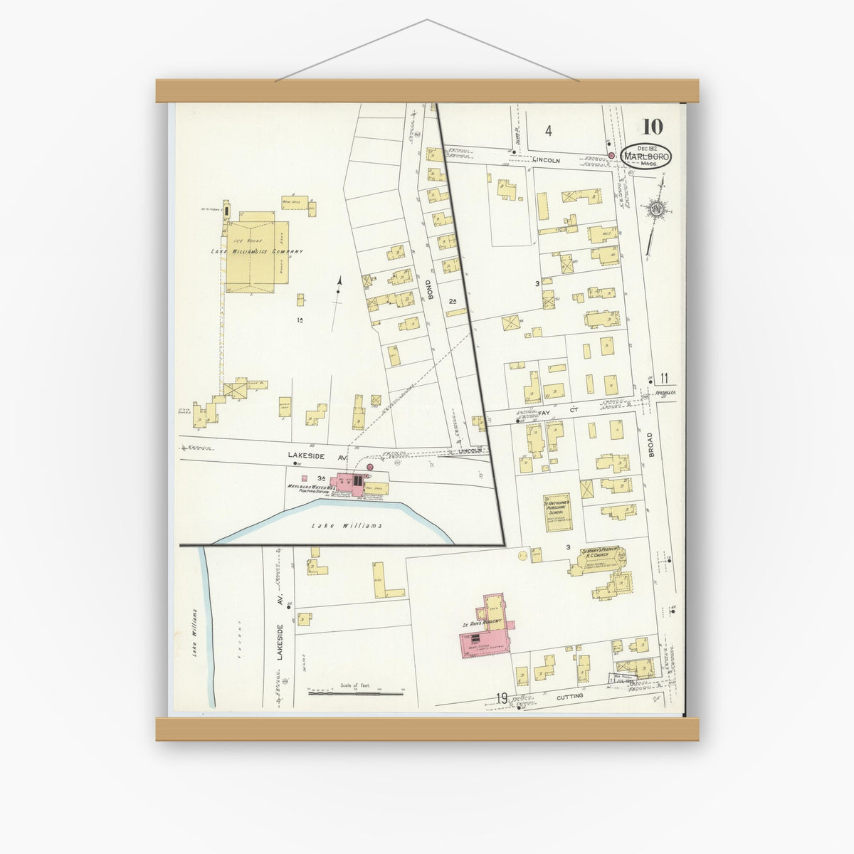 Old map wall art mockup — magnetic wood frame on white wall — Sanborn Fire Insurance Map from Marlborough, Middlesex County, Massachusetts (1912), Sheet #0010