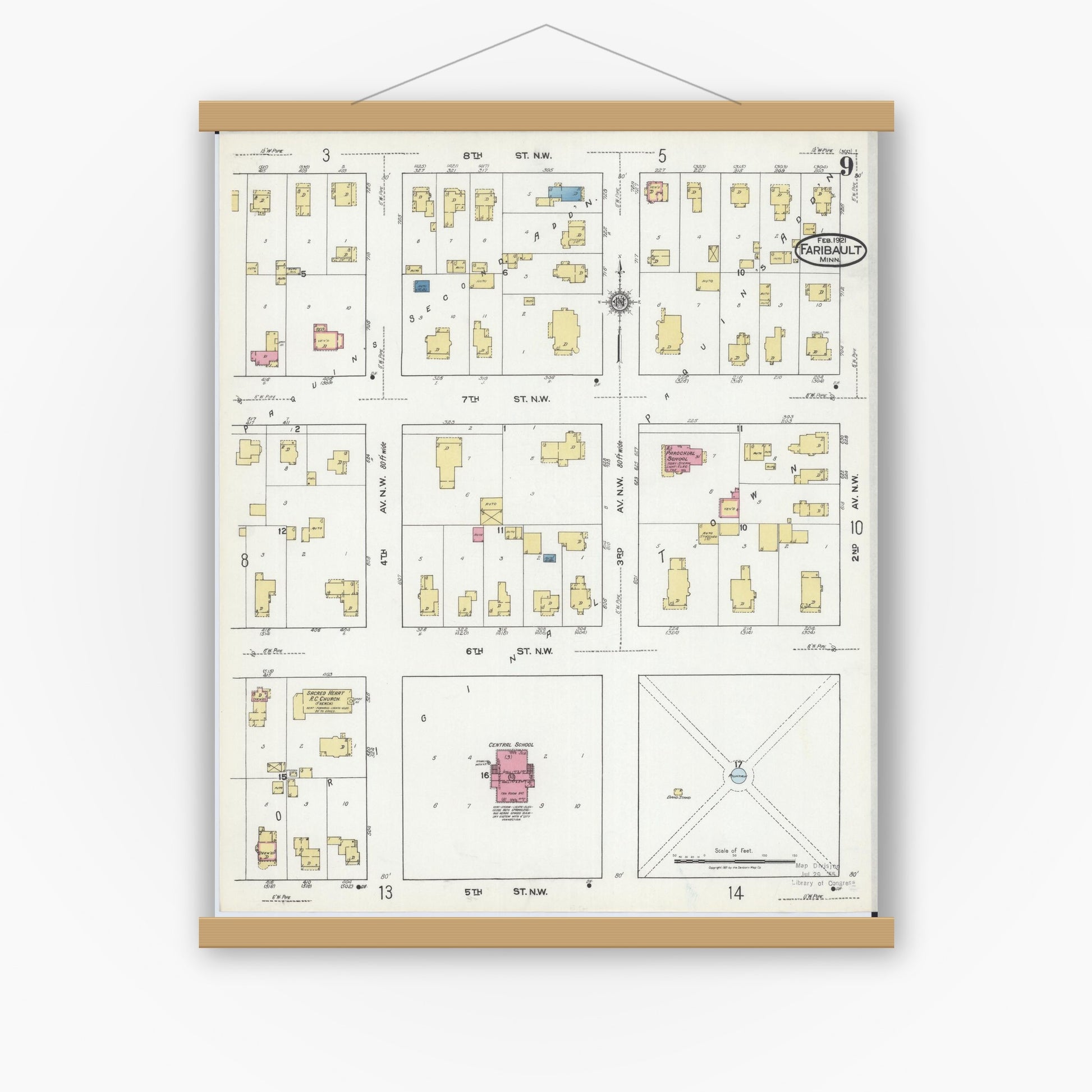 Old map wall art mockup — magnetic wood frame on white wall — Sanborn Fire Insurance Map from Faribault, Rice County, Minnesota (1921), Sheet #0009