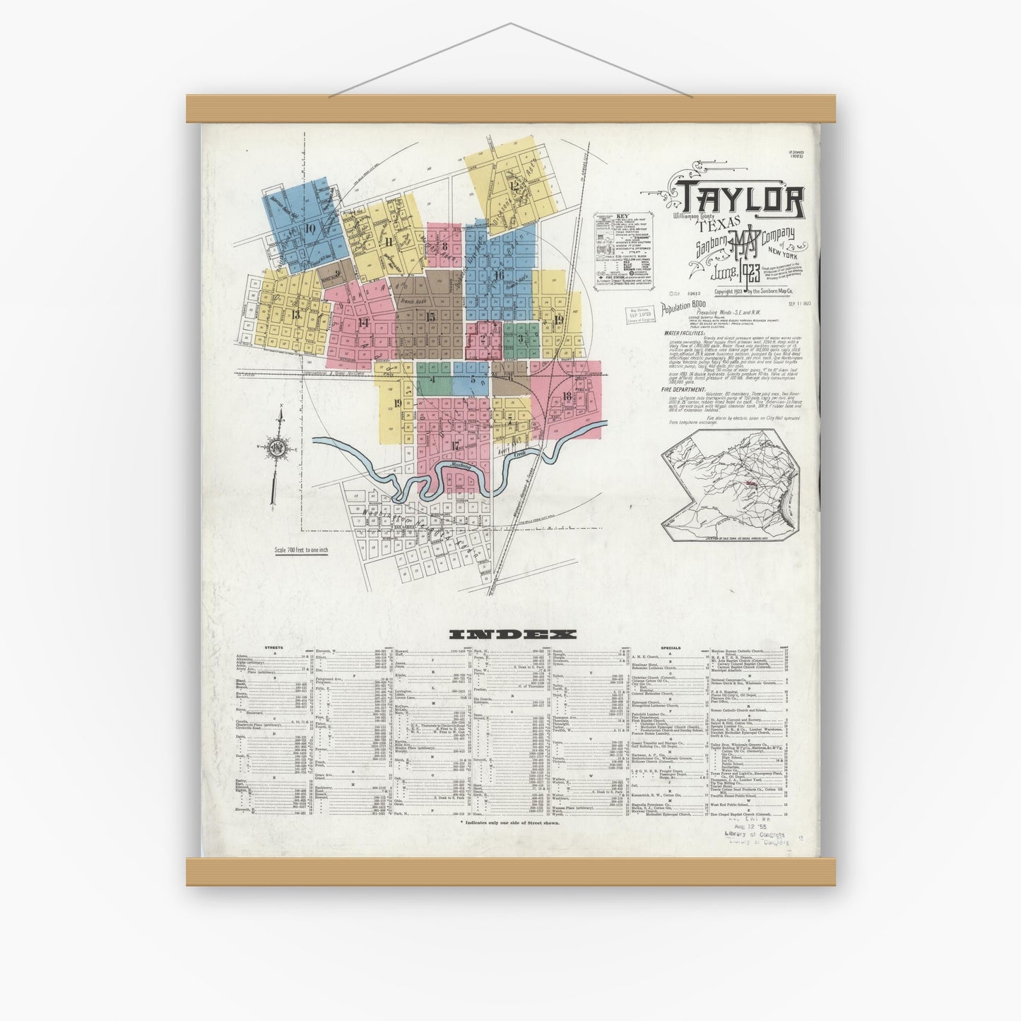 Old map wall art mockup — magnetic wood frame on white wall — Sanborn Fire Insurance Map from Taylor, Williamson County, Texas (1923) - Complete Map Set