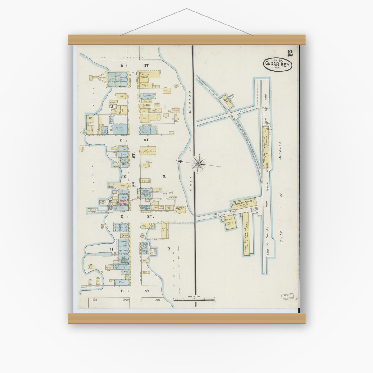 Old map wall art mockup — magnetic wood frame on white wall — Sanborn Fire Insurance Map from Cedar Key, Levy County, Florida (1890), Sheet #0002