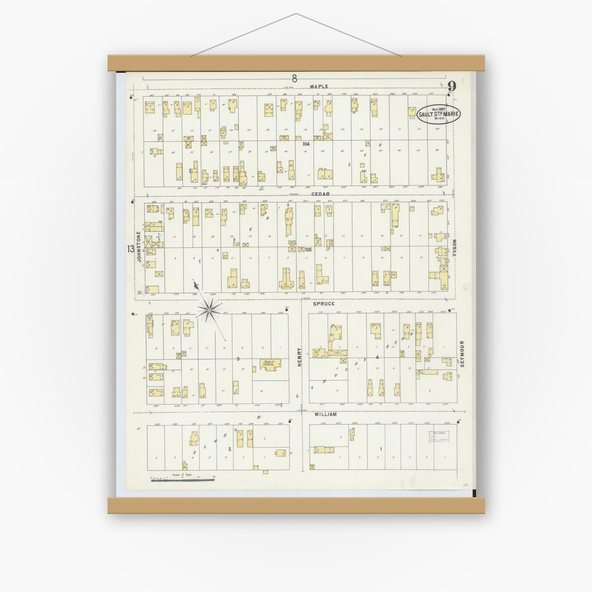 Old map wall art mockup — magnetic wood frame on white wall — Sanborn Fire Insurance Map from Sault Sainte Marie, Chippewa County, Michigan (1897), Sheet #0009