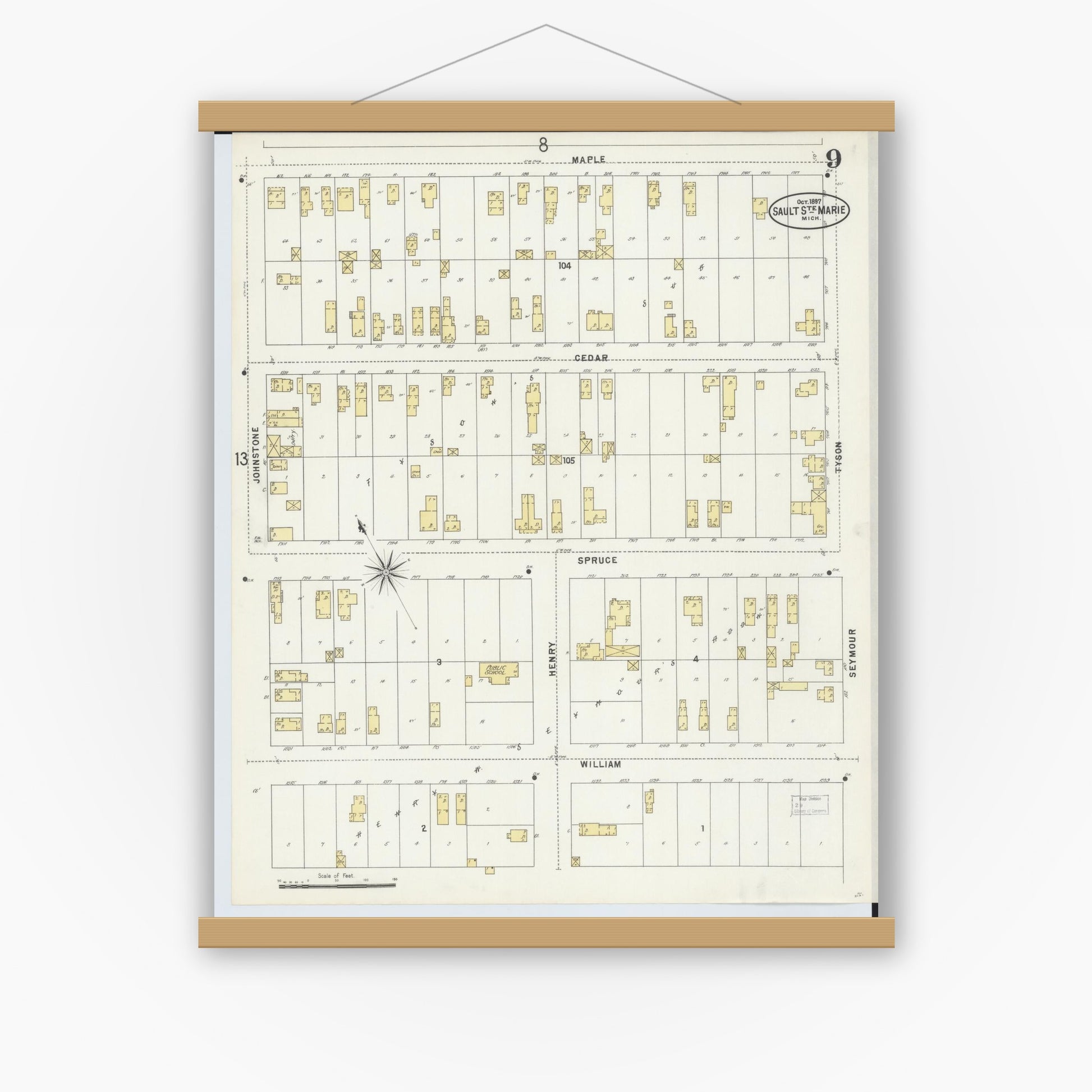 Old map wall art mockup — magnetic wood frame on white wall — Sanborn Fire Insurance Map from Sault Sainte Marie, Chippewa County, Michigan (1897), Sheet #0009