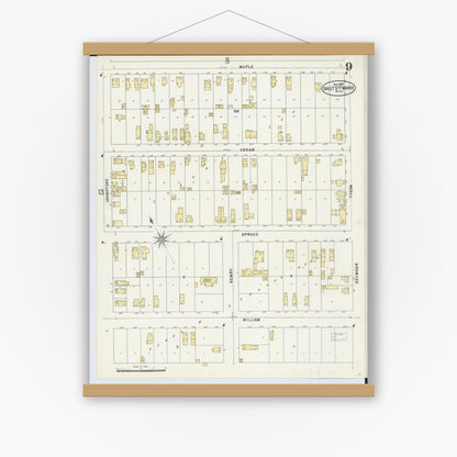 Old map wall art mockup — magnetic wood frame on white wall — Sanborn Fire Insurance Map from Sault Sainte Marie, Chippewa County, Michigan (1897), Sheet #0009