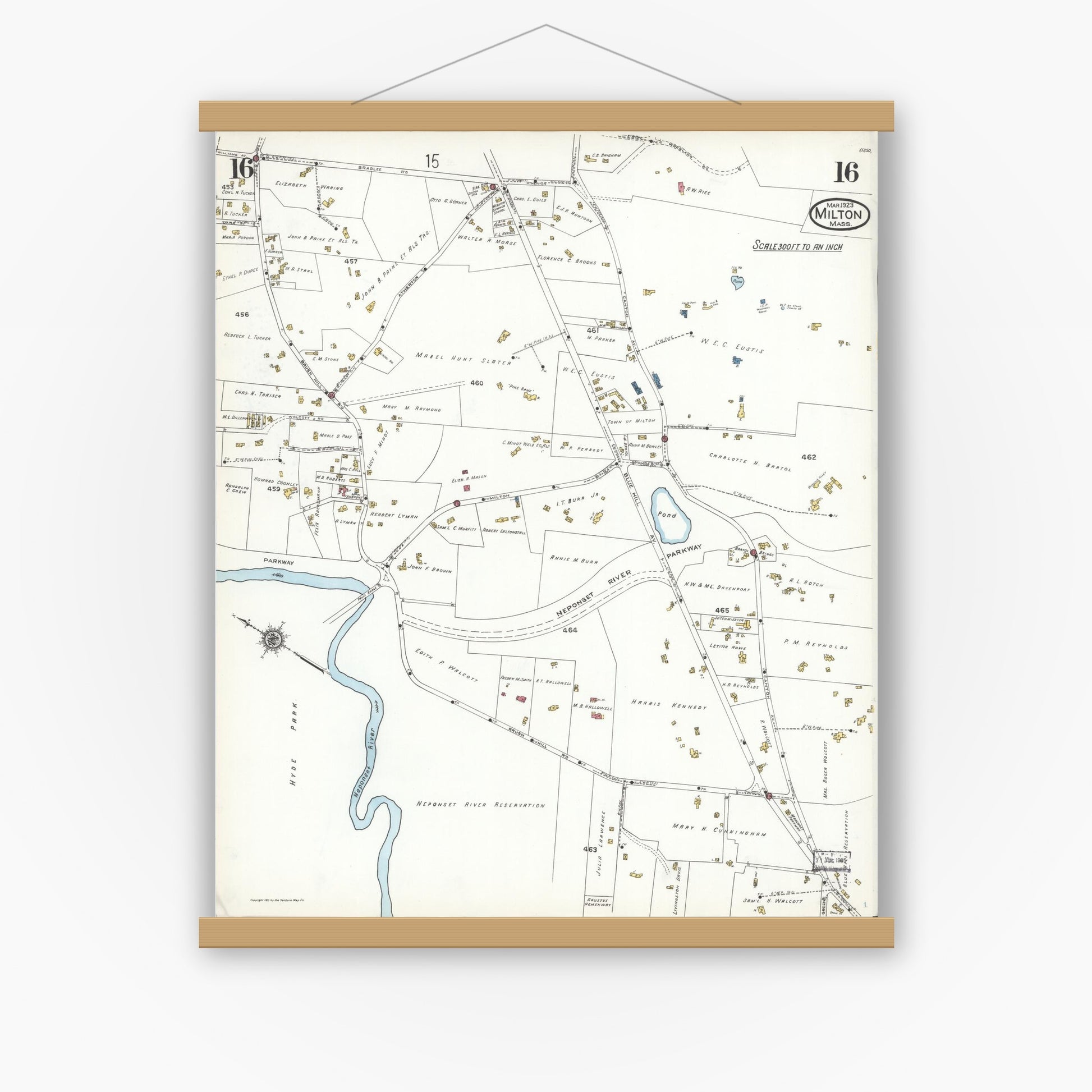Old map wall art mockup — magnetic wood frame on white wall — Sanborn Fire Insurance Map from Milton, Norfolk County, Massachusetts (1923), Sheet #0016