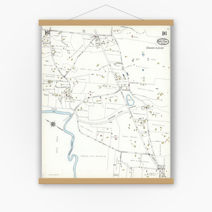 Old map wall art mockup — magnetic wood frame on white wall — Sanborn Fire Insurance Map from Milton, Norfolk County, Massachusetts (1923), Sheet #0016