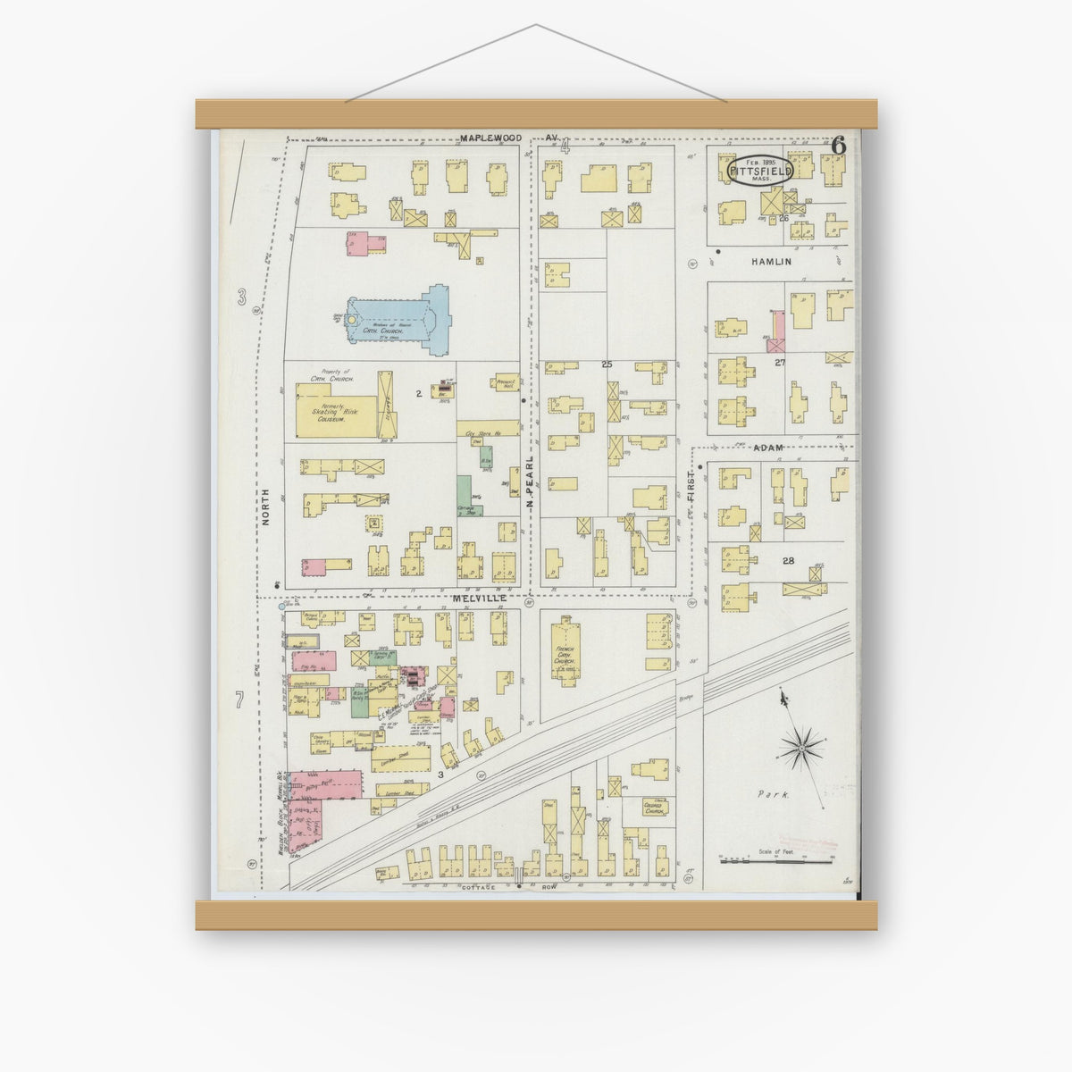 Old map wall art mockup — magnetic wood frame on white wall — Sanborn Fire Insurance Map from Pittsfield, Berkshire County, Massachusetts (1895), Sheet #0006