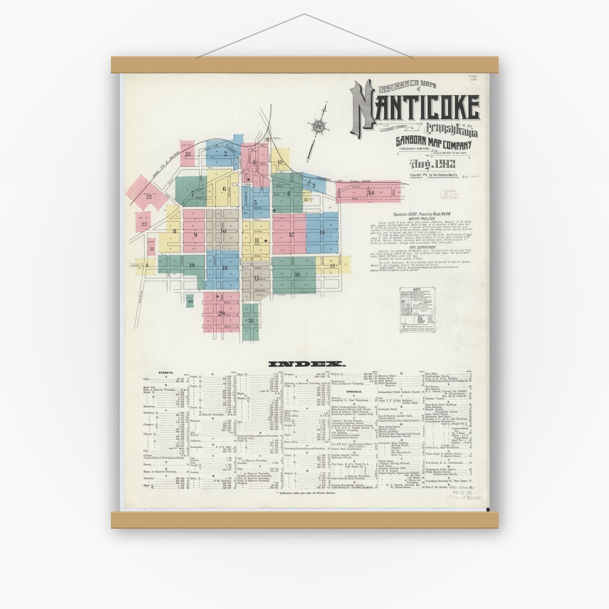 Old map wall art mockup — magnetic wood frame on white wall — Sanborn Fire Insurance Map from Nanticoke, Luzerne County, Pennsylvania (1912), Sheet #0001