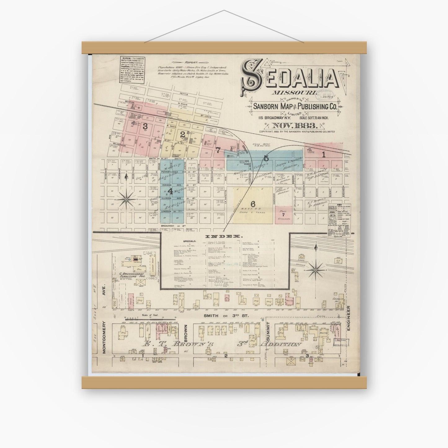 Old map wall art mockup — magnetic wood frame on white wall — Sanborn Fire Insurance Map from Sedalia, Pettis County, Missouri (1883), Sheet #0001