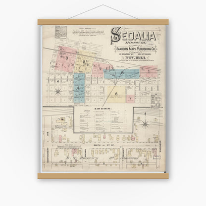 Old map wall art mockup — magnetic wood frame on white wall — Sanborn Fire Insurance Map from Sedalia, Pettis County, Missouri (1883), Sheet #0001